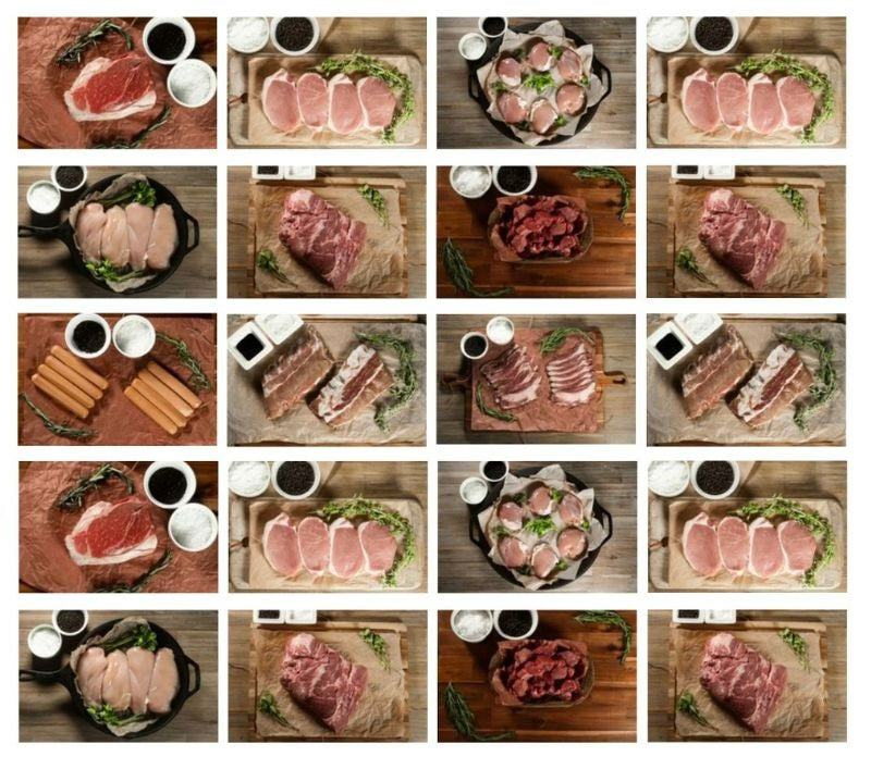 Grid of assorted raw meats displayed on butcher paper and wooden boards, including ribeye steaks, pork chops, chicken breasts, chicken thighs, hot dogs, short ribs, beef strips, and ribs, styled with herbs, salt, and pepper dishes on rustic tabletops.