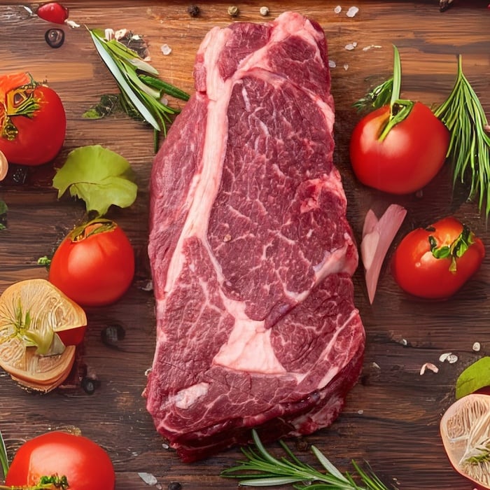 Raw ribeye steak on a wooden board with cherry tomatoes, garlic, and rosemary.