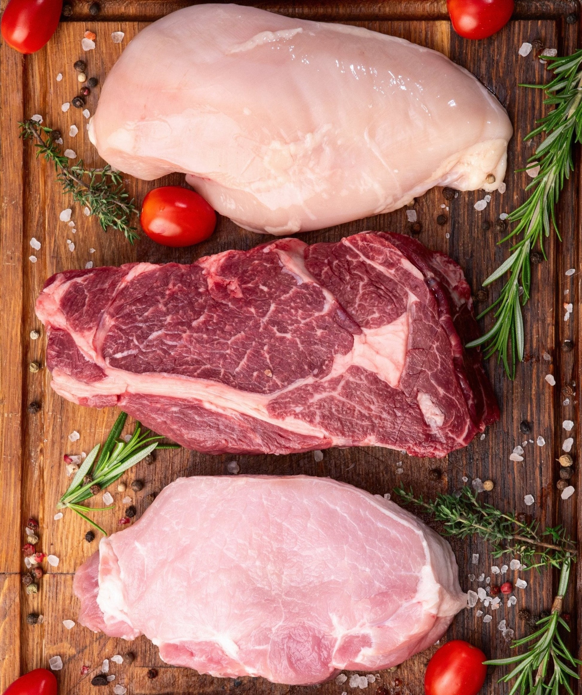 beef, pork and chicken